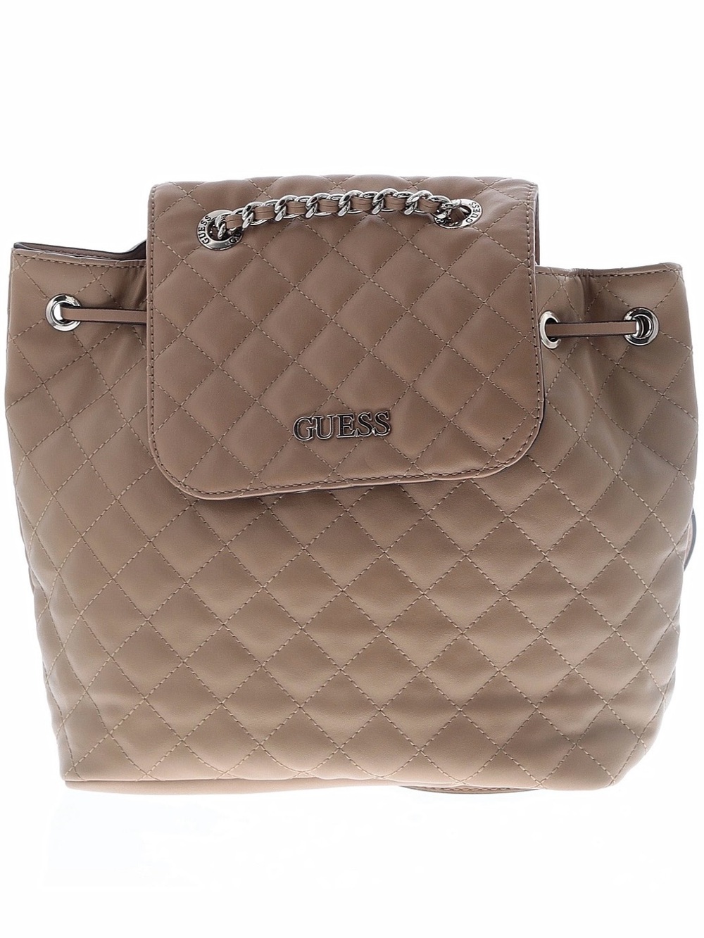 GUESS Quilted Taupe Chain-Accent Backpack